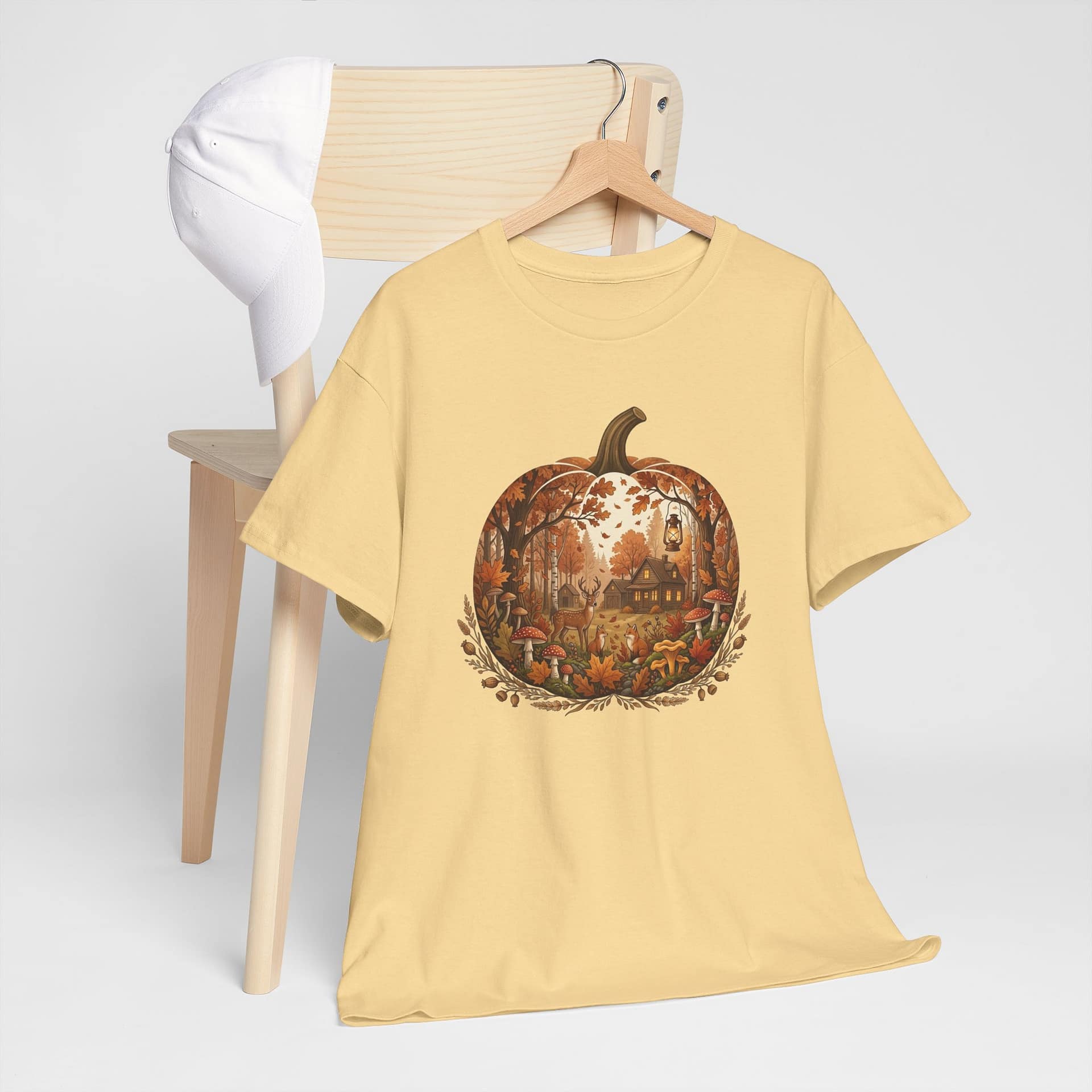 Close‑up of autumn pumpkin scene graphic on cosy fall T‑shirt
