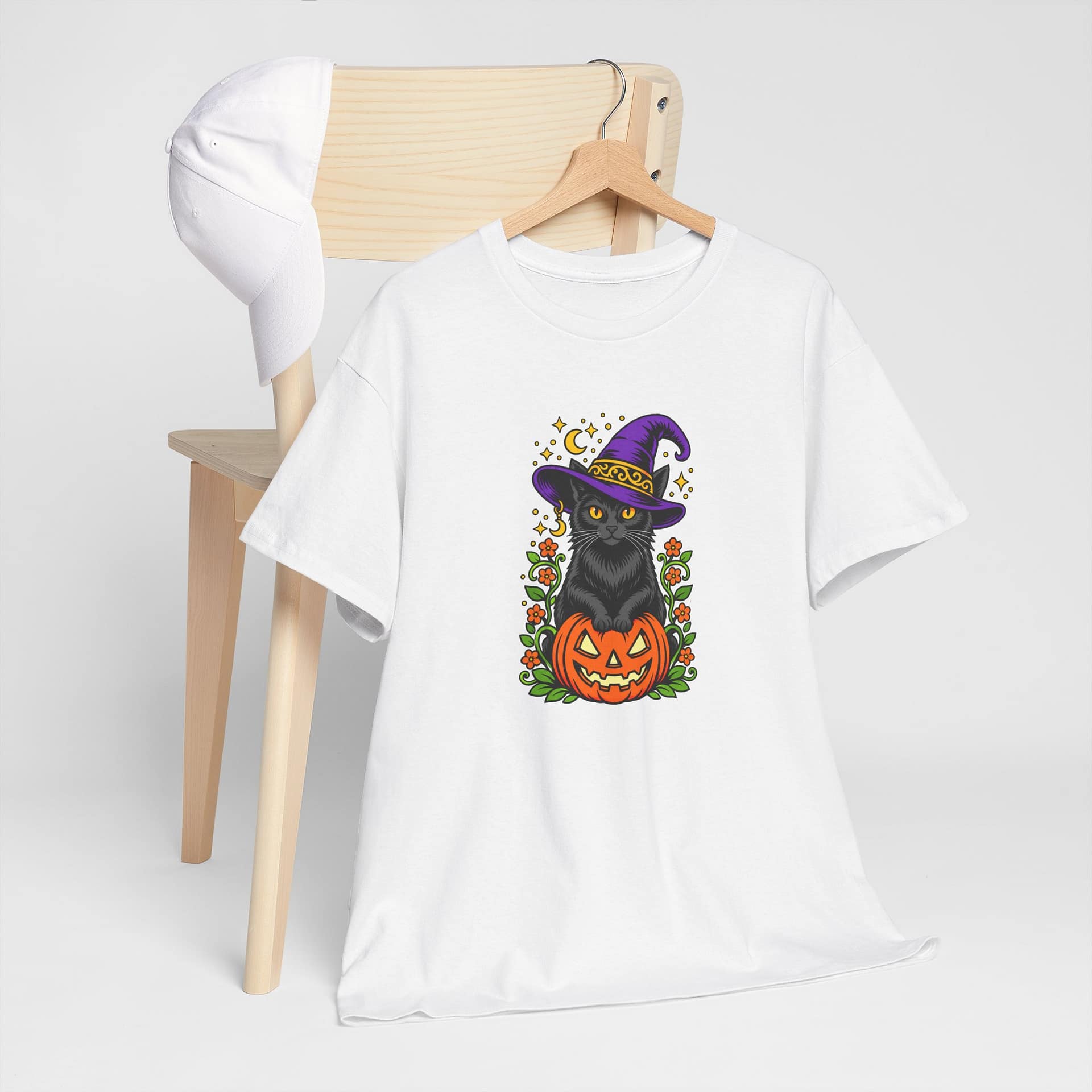 Halloween Black Cat T‑Shirt with witch hat and jack‑o’-lantern graphic